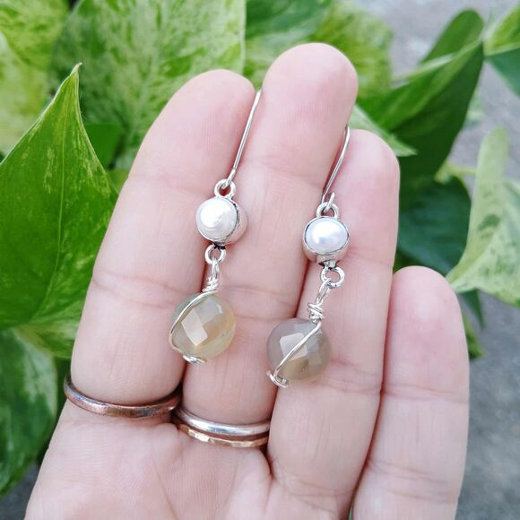 Freshwater Pearl & Faceted Agate Gemstone Dangle Earrings, Upcycled Artisan 2" - Picture 5 of 8